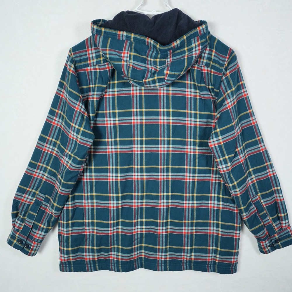 LL Bean Mens Fleece Lined Flannel Shirt Jacket Admiral Blue Plaid Hooded Large - Picture 4 of 7